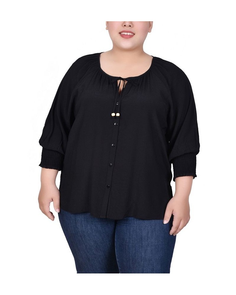 Plus Size 3/4 Sleeve Button Front Blouse Black $13.43 Tops