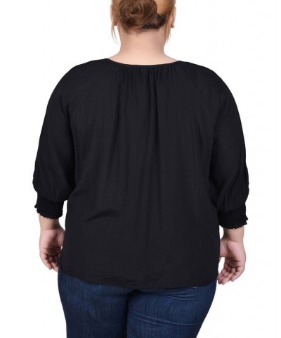 Plus Size 3/4 Sleeve Button Front Blouse Black $13.43 Tops