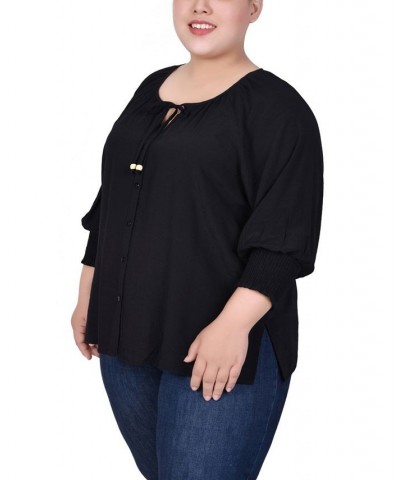 Plus Size 3/4 Sleeve Button Front Blouse Black $13.43 Tops