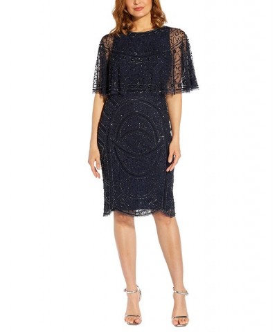 Women's Beaded Cape Cocktail Dress Light Navy $86.70 Dresses