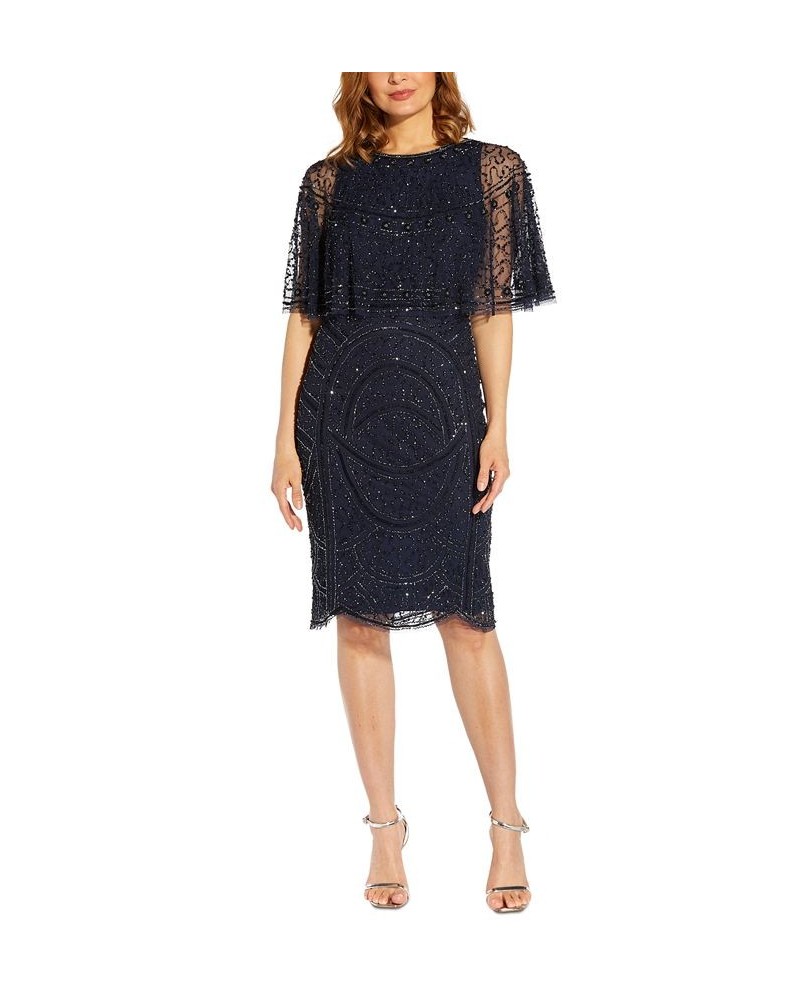 Women's Beaded Cape Cocktail Dress Light Navy $86.70 Dresses