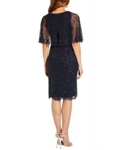 Women's Beaded Cape Cocktail Dress Light Navy $86.70 Dresses