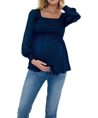 Women's Maternity Everywear Smocked Top Abstract Animal Blue $38.72 Tops