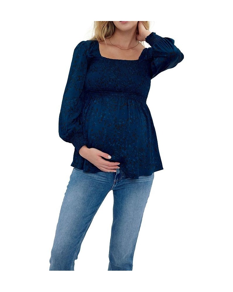 Women's Maternity Everywear Smocked Top Abstract Animal Blue $38.72 Tops