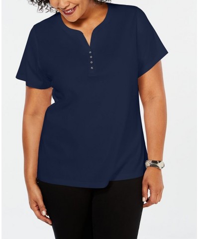 Plus Size Cotton Henley Top Deep Black $8.47 Tops