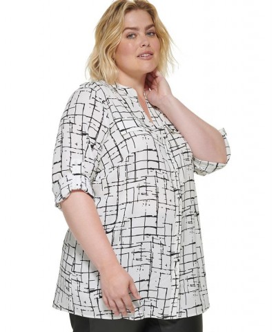 Plus Size Printed Split-Neck Button-Front Shirt White $24.89 Tops