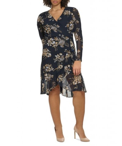 Plus Size Floral-Print Mesh Faux-Wrap Dress Sky Captain $31.60 Dresses