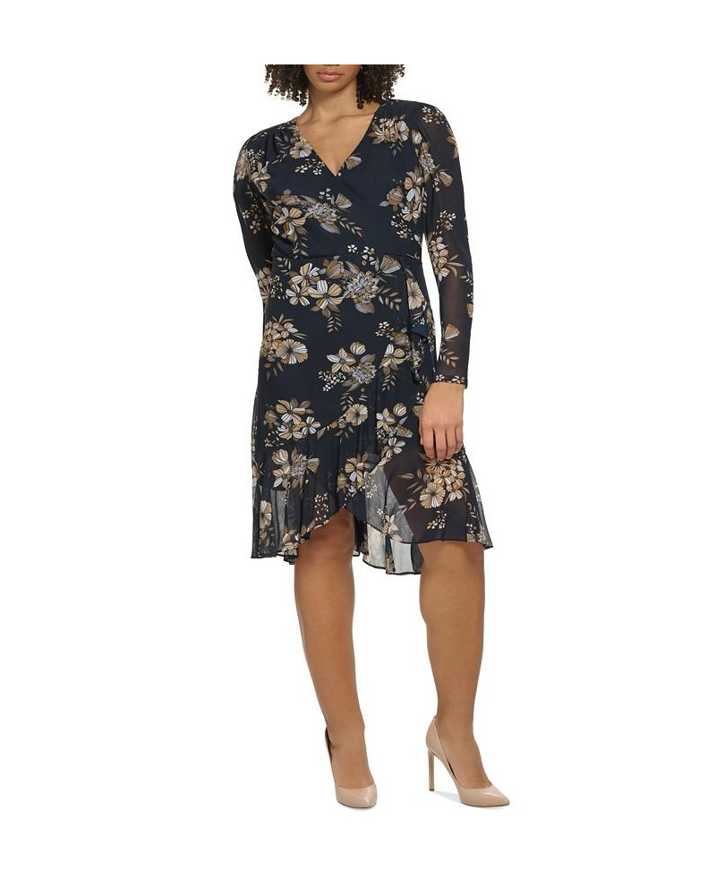 Plus Size Floral-Print Mesh Faux-Wrap Dress Sky Captain $31.60 Dresses