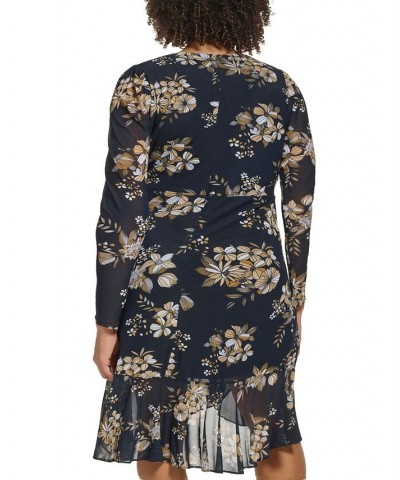 Plus Size Floral-Print Mesh Faux-Wrap Dress Sky Captain $31.60 Dresses