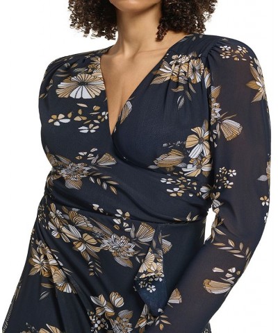 Plus Size Floral-Print Mesh Faux-Wrap Dress Sky Captain $31.60 Dresses