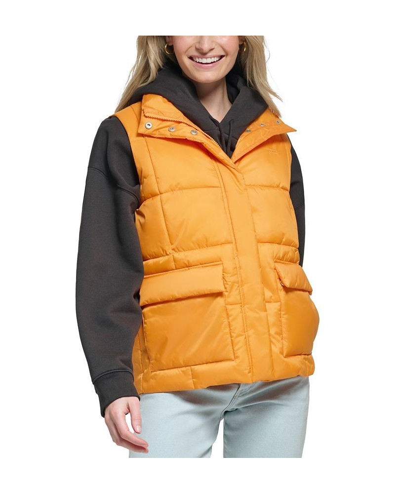 Women's Zippered Mock-Neck Puffer Vest Orange $32.20 Jackets