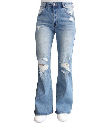 Juniors' Destructed '90s High Rise Flared Jeans Dark Wash $12.60 Jeans