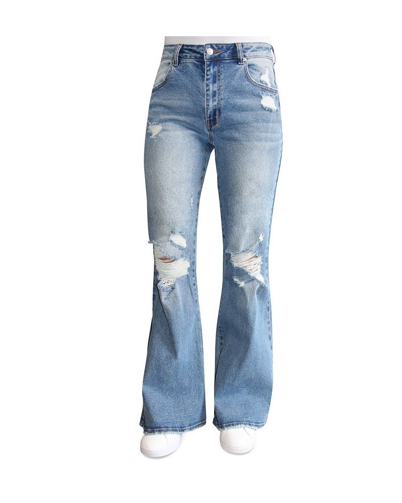 Juniors' Destructed '90s High Rise Flared Jeans Dark Wash $12.60 Jeans