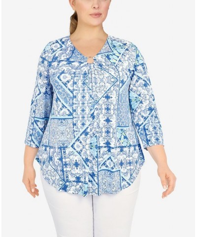 Plus Size Knit Folk Patchwork Puff Print Top Pacific Multi $19.32 Tops