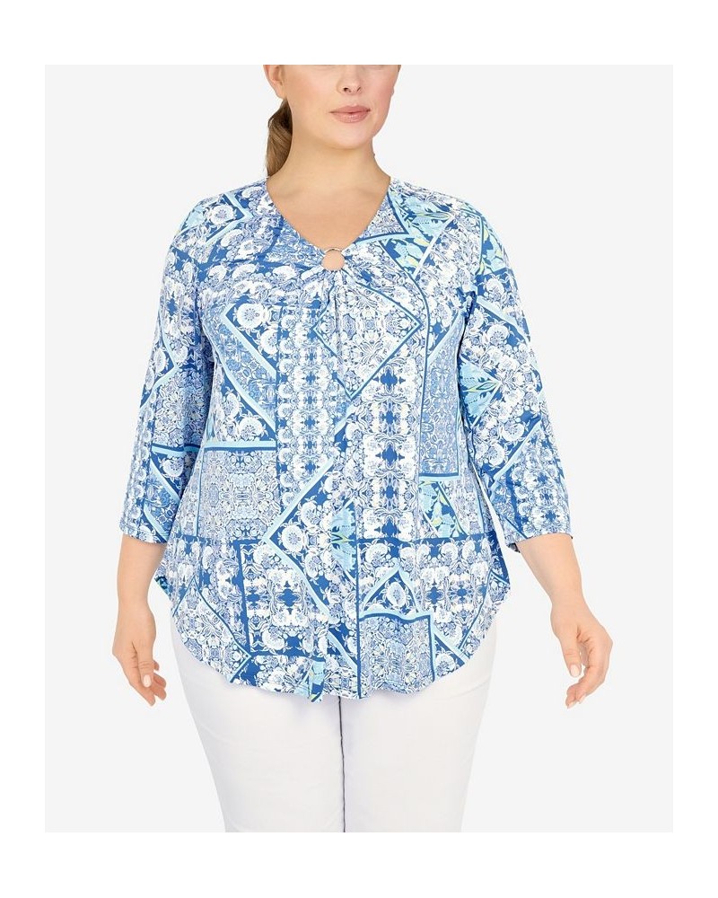 Plus Size Knit Folk Patchwork Puff Print Top Pacific Multi $19.32 Tops