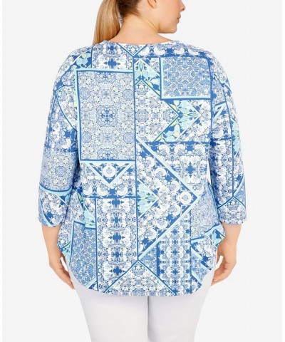 Plus Size Knit Folk Patchwork Puff Print Top Pacific Multi $19.32 Tops