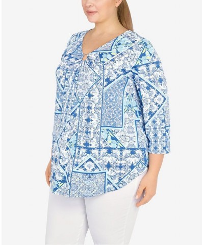 Plus Size Knit Folk Patchwork Puff Print Top Pacific Multi $19.32 Tops