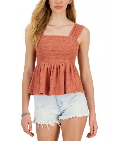 Juniors' Square-Neck Smocked Sleeveless Peplum Top Red $10.92 Tops