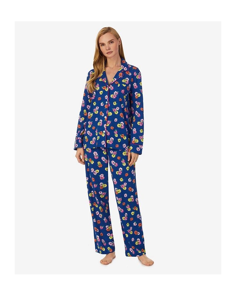 Women's Long Sleeve Notch Collar Pajama Set Navy Floral $42.64 Sleepwear