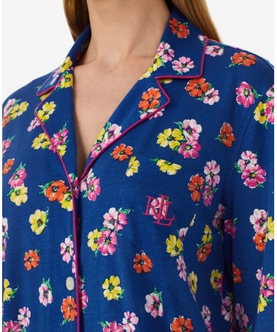 Women's Long Sleeve Notch Collar Pajama Set Navy Floral $42.64 Sleepwear