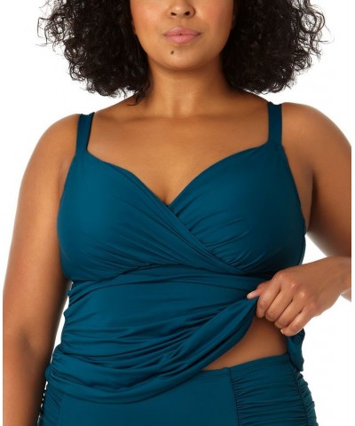 Plus Size Surplice Shirred Tankini Top Blue $47.84 Swimsuits