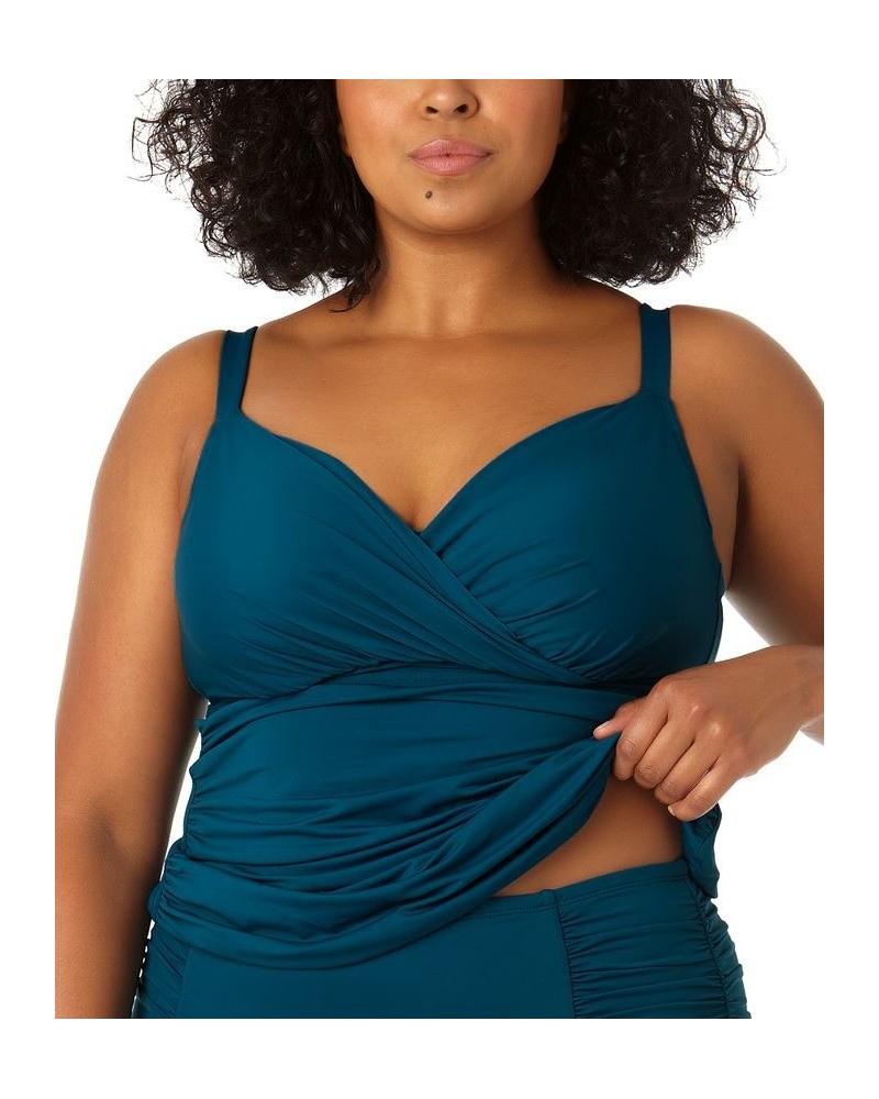 Plus Size Surplice Shirred Tankini Top Blue $47.84 Swimsuits