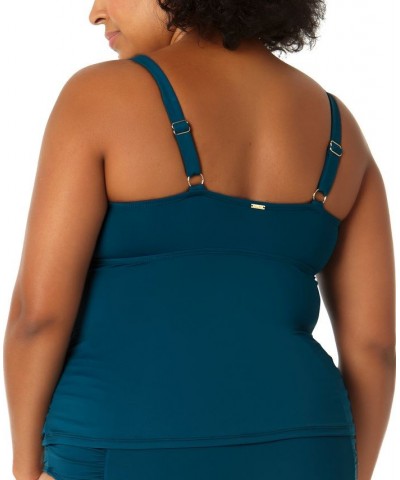 Plus Size Surplice Shirred Tankini Top Blue $47.84 Swimsuits