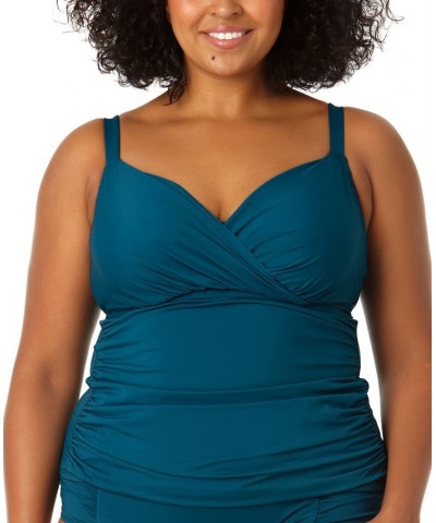 Plus Size Surplice Shirred Tankini Top Blue $47.84 Swimsuits