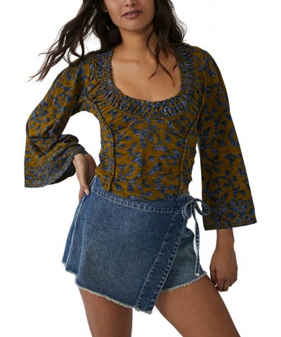 Women's On The Block Printed Wide-Sleeve Cotton Top Green $43.12 Tops