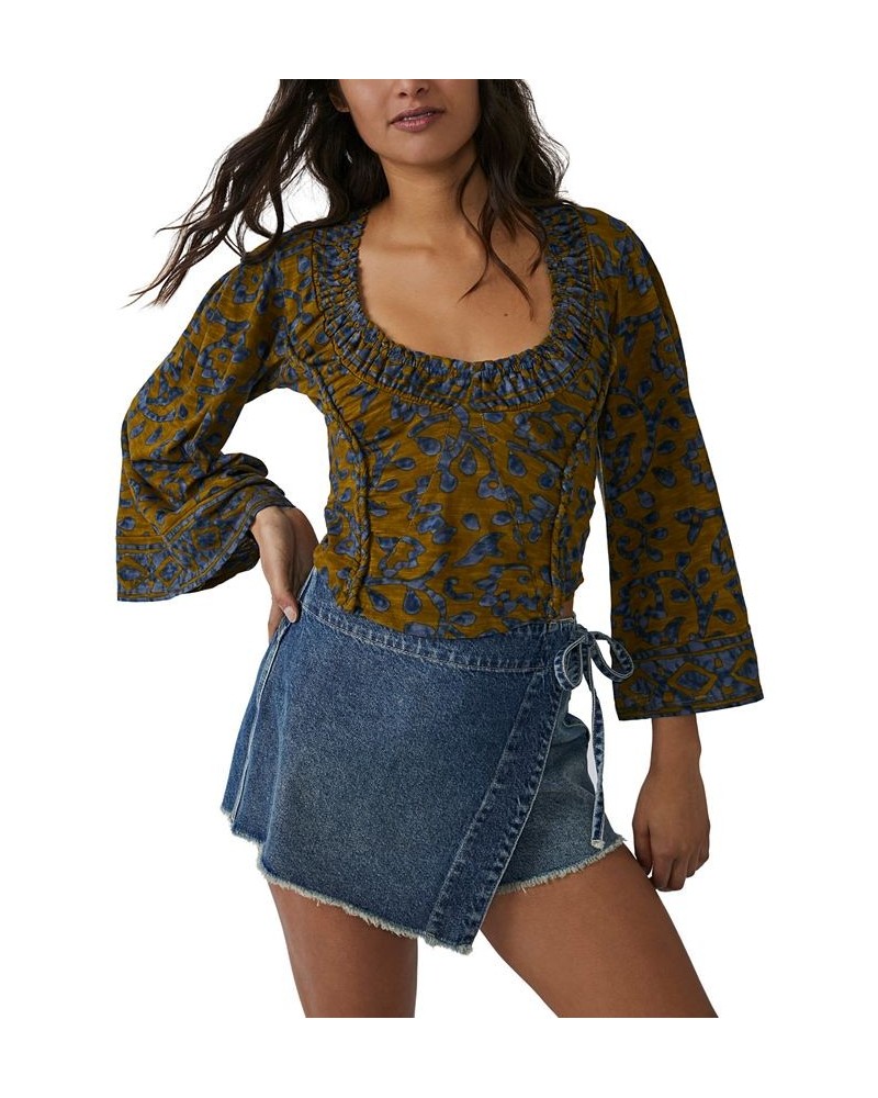 Women's On The Block Printed Wide-Sleeve Cotton Top Green $43.12 Tops