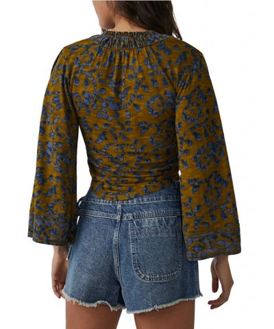 Women's On The Block Printed Wide-Sleeve Cotton Top Green $43.12 Tops