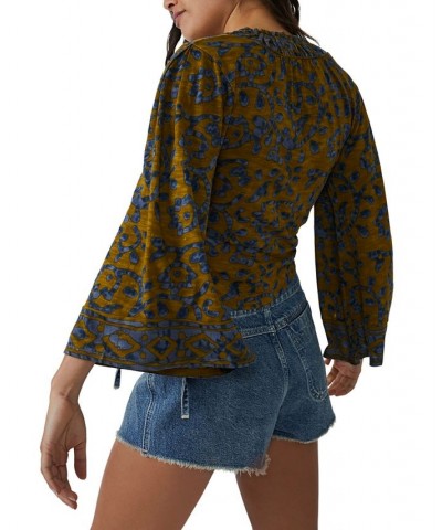 Women's On The Block Printed Wide-Sleeve Cotton Top Green $43.12 Tops