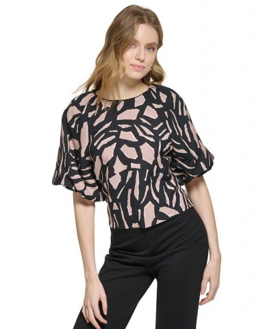 Women's Printed Crewneck Short-Puff-Sleeve Top Black/cafe Au Lait Multi $30.77 Tops