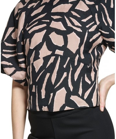 Women's Printed Crewneck Short-Puff-Sleeve Top Black/cafe Au Lait Multi $30.77 Tops