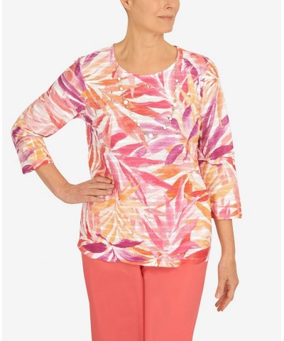 Petite Tropical Leaves Three Quarter Sleeve Top Multi $31.97 Tops