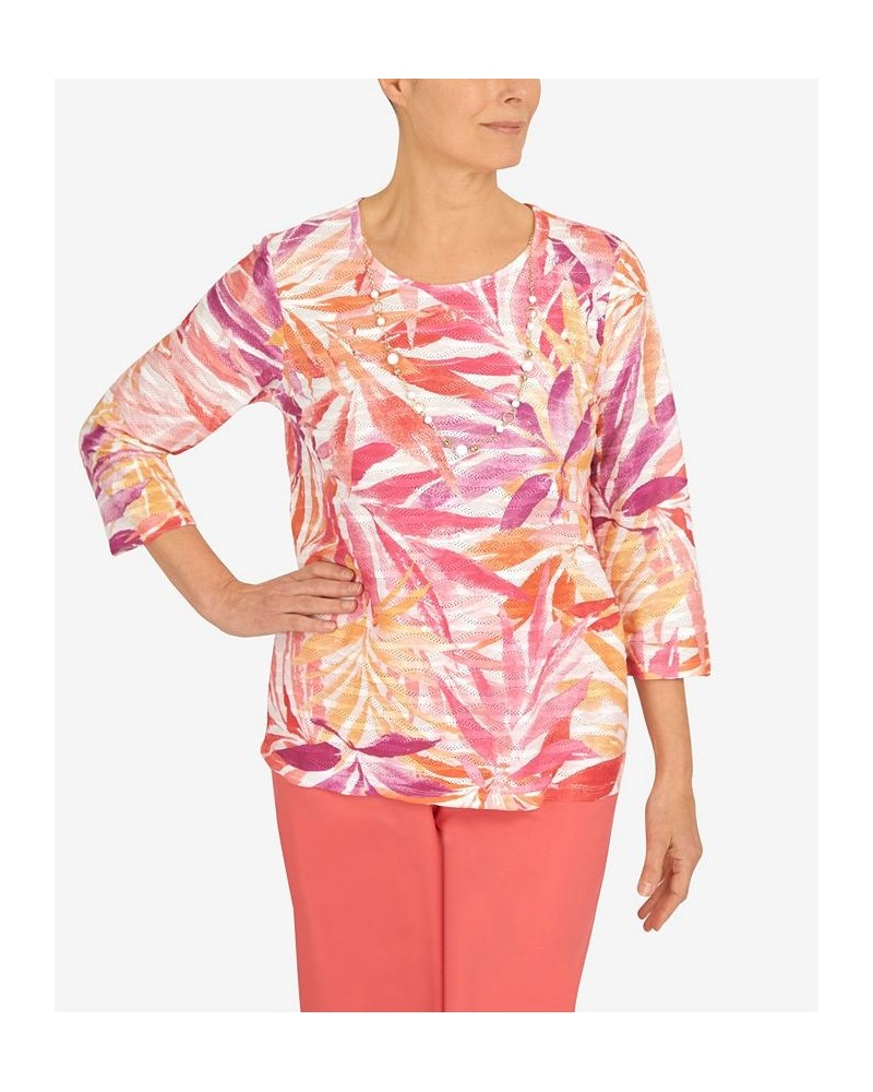 Petite Tropical Leaves Three Quarter Sleeve Top Multi $31.97 Tops