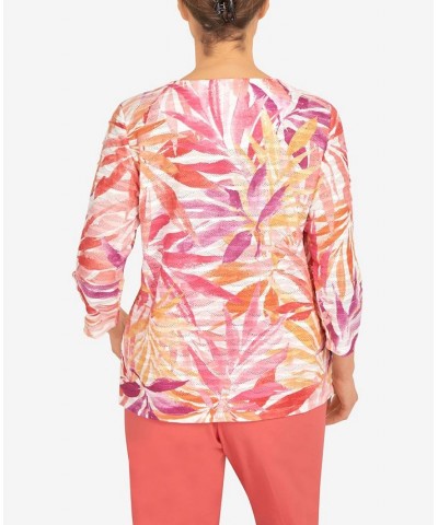 Petite Tropical Leaves Three Quarter Sleeve Top Multi $31.97 Tops