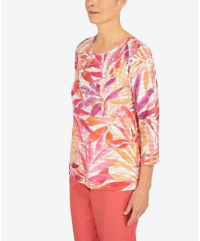 Petite Tropical Leaves Three Quarter Sleeve Top Multi $31.97 Tops