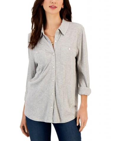 Women's Button-Up Collared Knit Shirt Gray $15.77 Tops