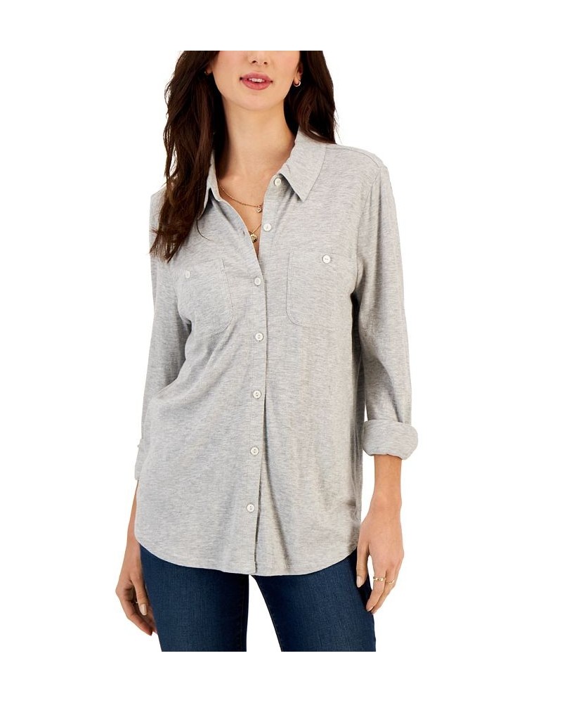 Women's Button-Up Collared Knit Shirt Gray $15.77 Tops