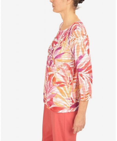 Petite Tropical Leaves Three Quarter Sleeve Top Multi $31.97 Tops