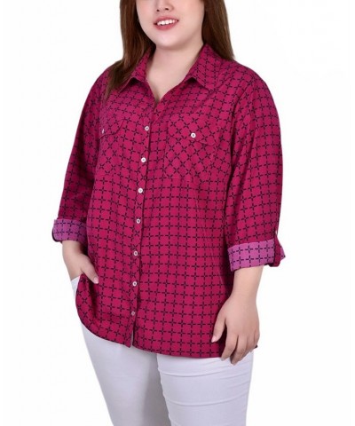 Plus Size 3/4 Sleeve Roll Tab Notch Collar Blouse Beet Red/Black Line Box $16.64 Tops