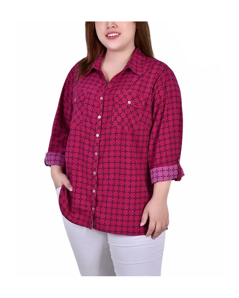 Plus Size 3/4 Sleeve Roll Tab Notch Collar Blouse Beet Red/Black Line Box $16.64 Tops