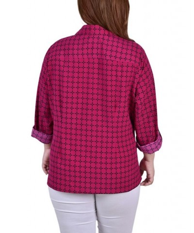 Plus Size 3/4 Sleeve Roll Tab Notch Collar Blouse Beet Red/Black Line Box $16.64 Tops