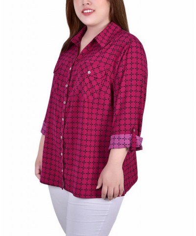 Plus Size 3/4 Sleeve Roll Tab Notch Collar Blouse Beet Red/Black Line Box $16.64 Tops