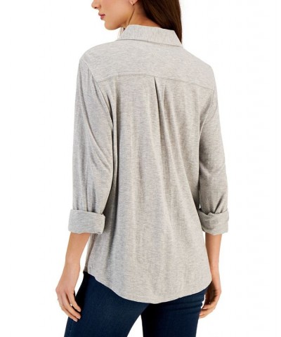 Women's Button-Up Collared Knit Shirt Gray $15.77 Tops