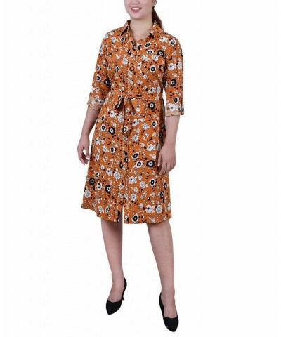 Petite Printed Long Sleeve Roll Tab Shirtdress Mustard Black Floral $20.72 Dresses