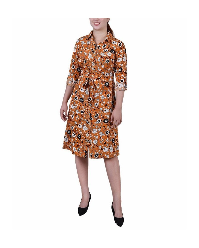 Petite Printed Long Sleeve Roll Tab Shirtdress Mustard Black Floral $20.72 Dresses