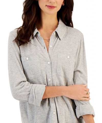 Women's Button-Up Collared Knit Shirt Gray $15.77 Tops