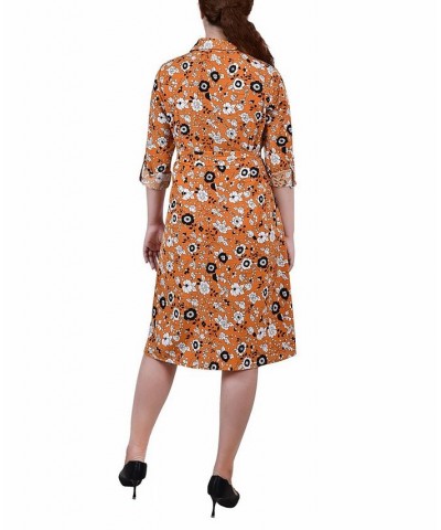 Petite Printed Long Sleeve Roll Tab Shirtdress Mustard Black Floral $20.72 Dresses